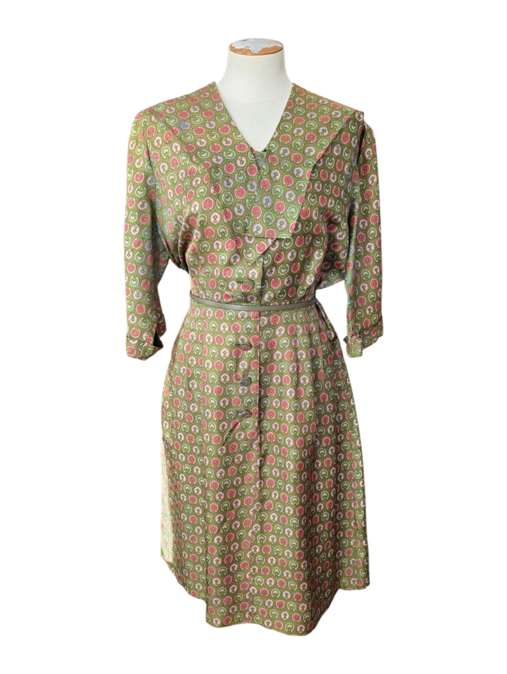 Vintage 1950s Korell Printed Day Dress Olive Pink Novelty Print Womens Size XL - Picture 3 of 15